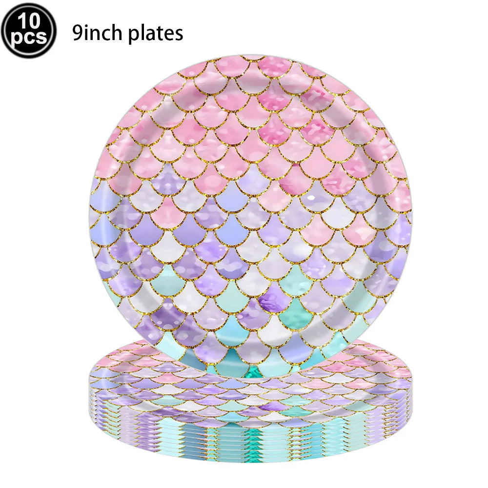 Mermaid Scales Pattern Party Supplies — Disposable Tableware Decor Set