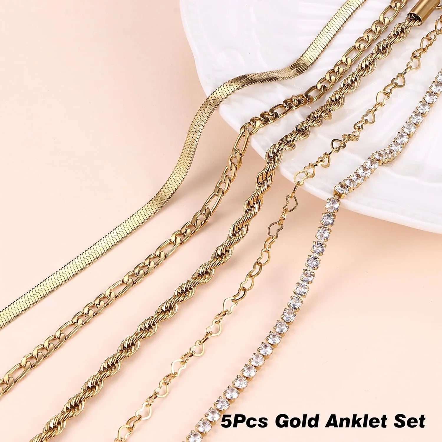 drperfect 5-Piece Gold Ankle Bracelet Set — Waterproof Cuban Link Anklets