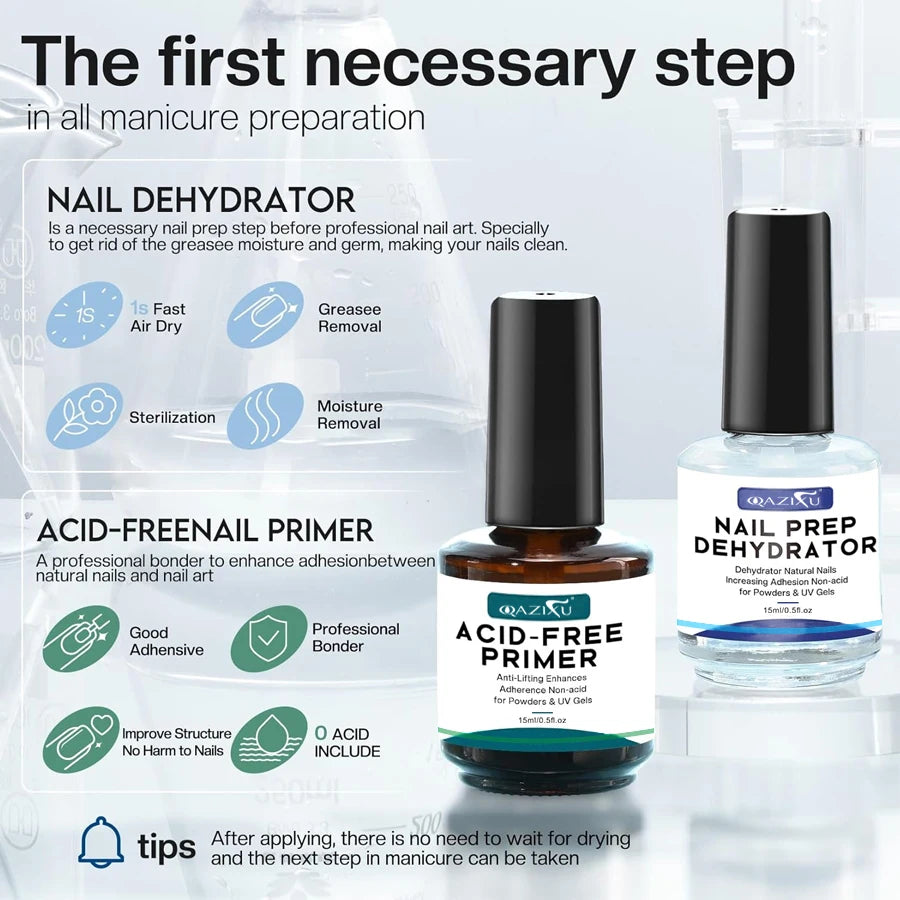 QAZIXU Nail Prep Dehydrator and Acid-Free Primer — Professional Manicure Base