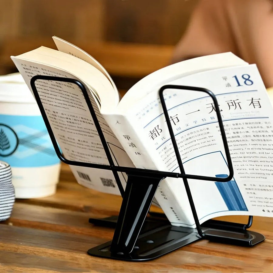 Adjustable Metal Book Stand — Portable Folding Reading Holder for Tablets and Recipes