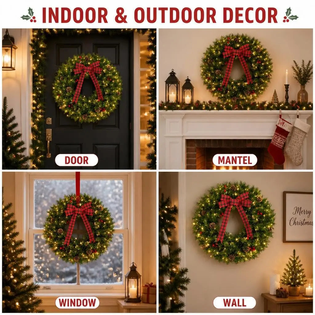 GAOMON Pre-Lit Christmas Wreath — Battery Powered LED Holiday Decor