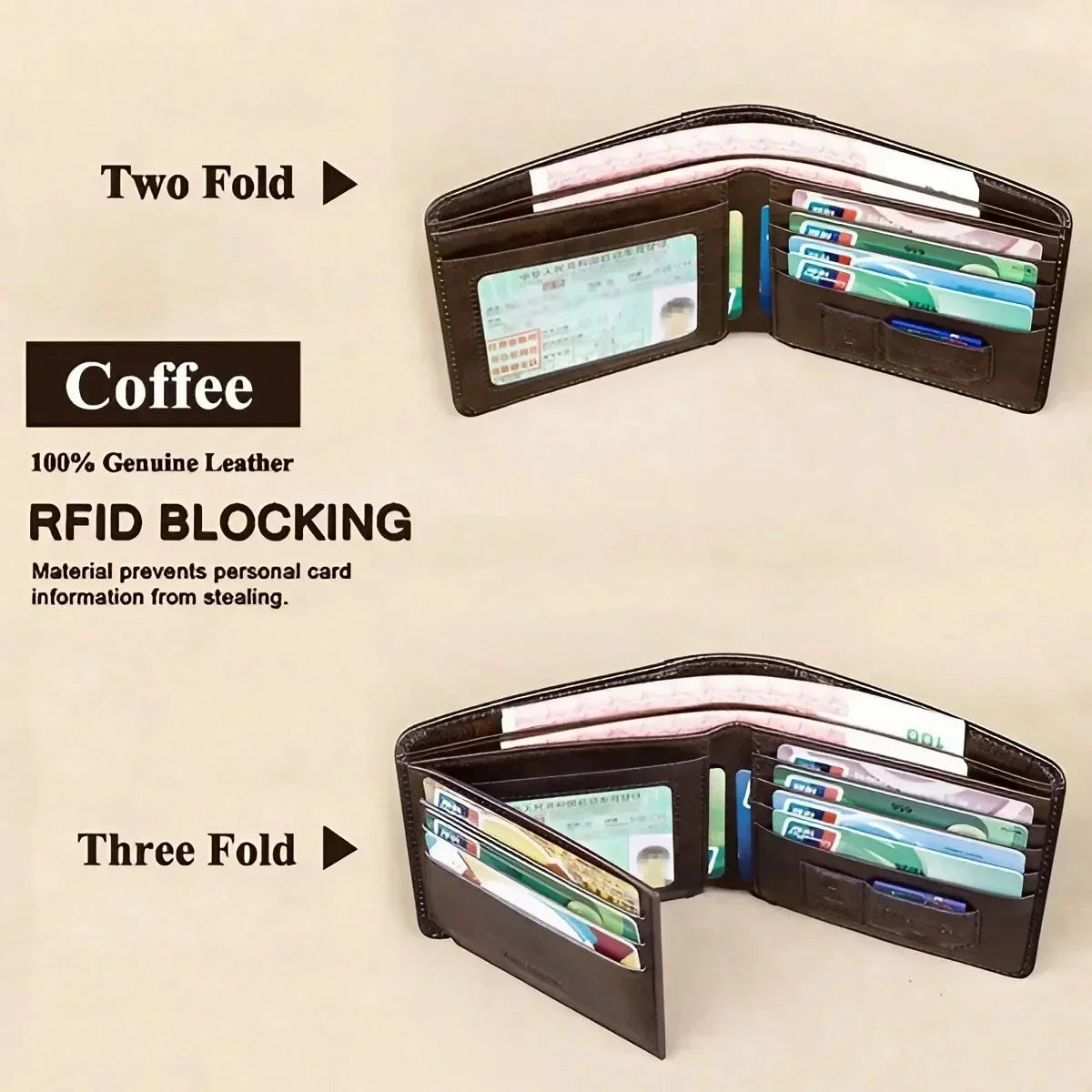 Genuine Leather Bifold Wallet — RFID Blocking Slim Card Holder