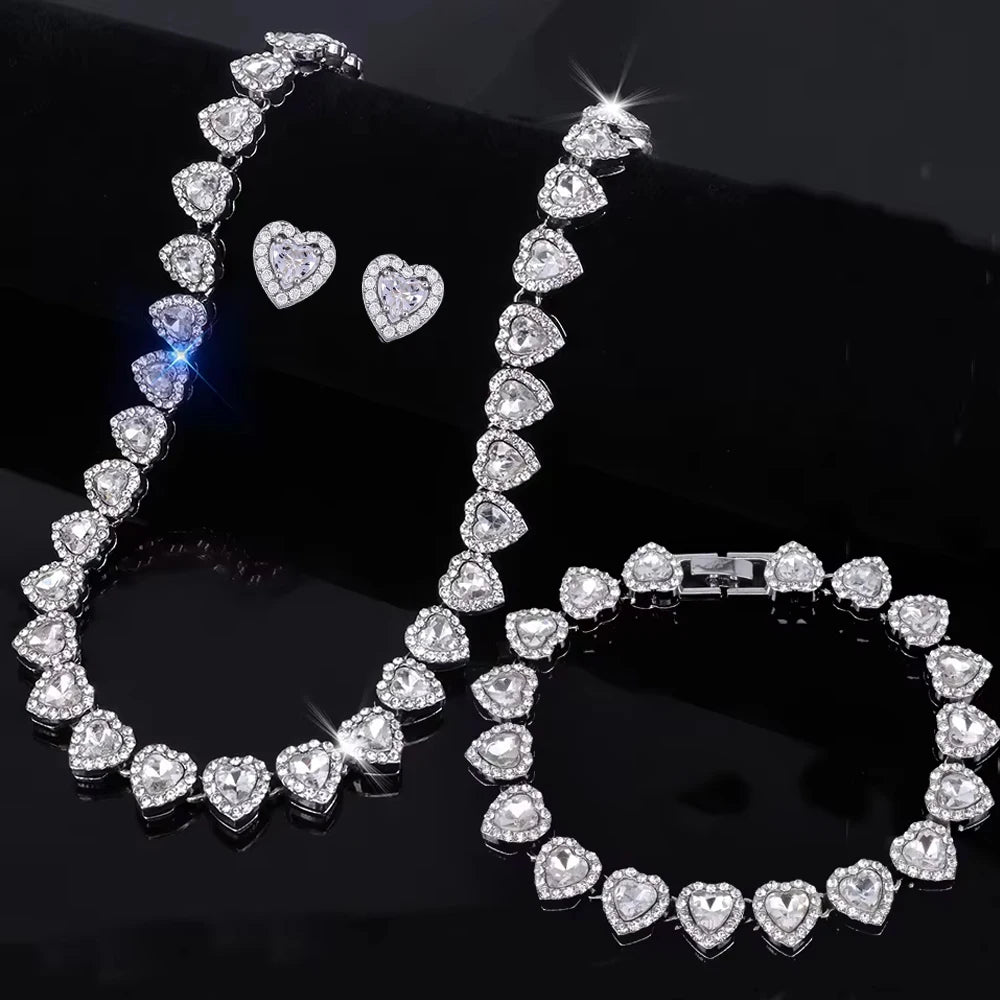 Hip Hop Rhinestone Heart Jewelry Set — Tennis Chain Necklace and Bracelet