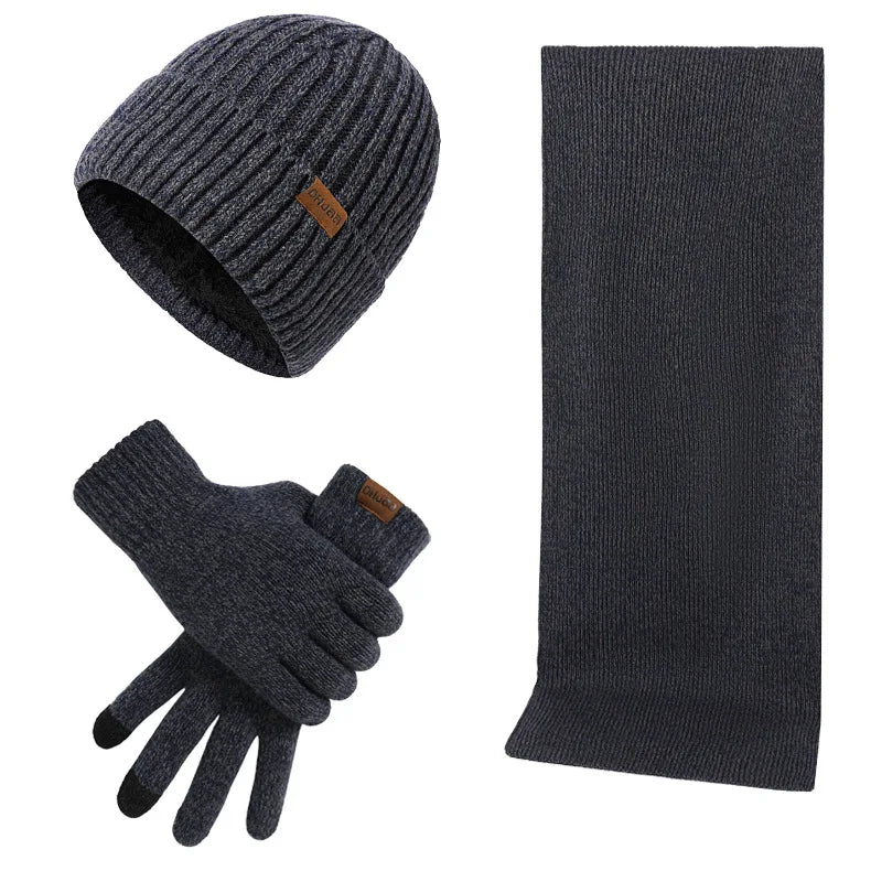 Kinelue Men's Winter Warmth Set — Knitted Beanie, Scarf & Touchscreen Gloves
