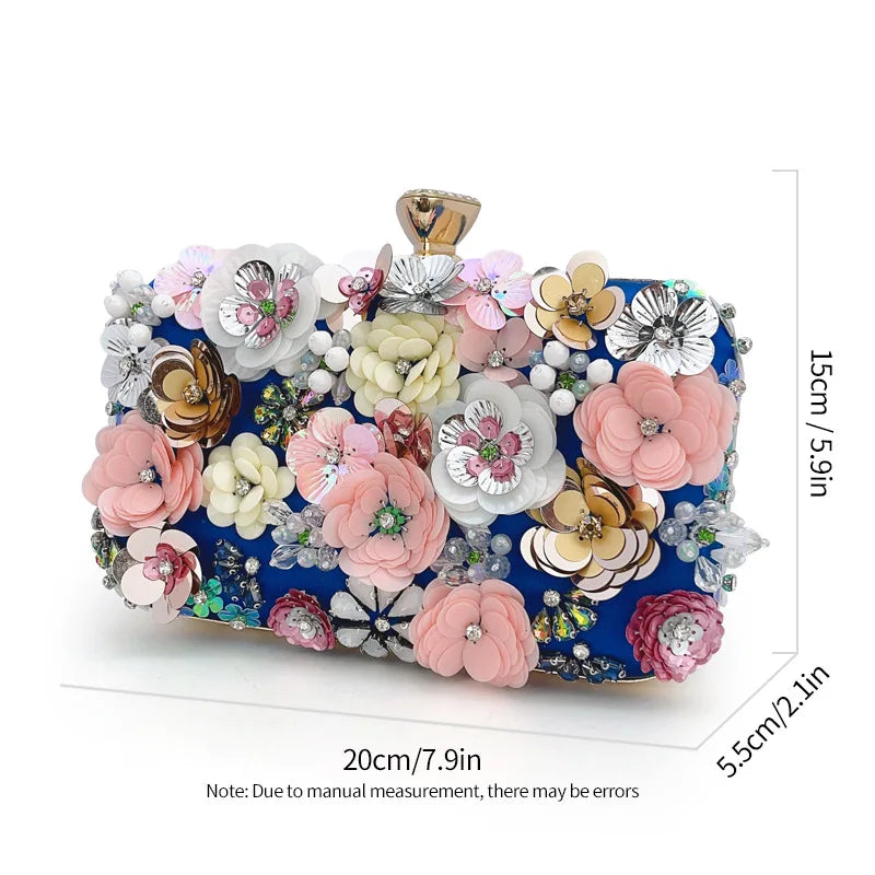 Elegant Floral Evening Clutch — Silk Handbag with Chain Strap