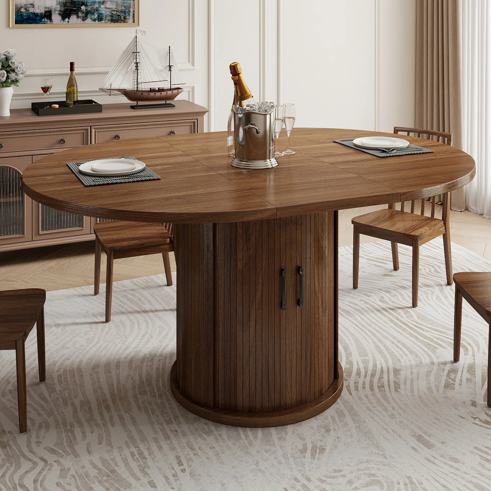 Modern Extendable Dining Table — Round to Oval Design with Storage