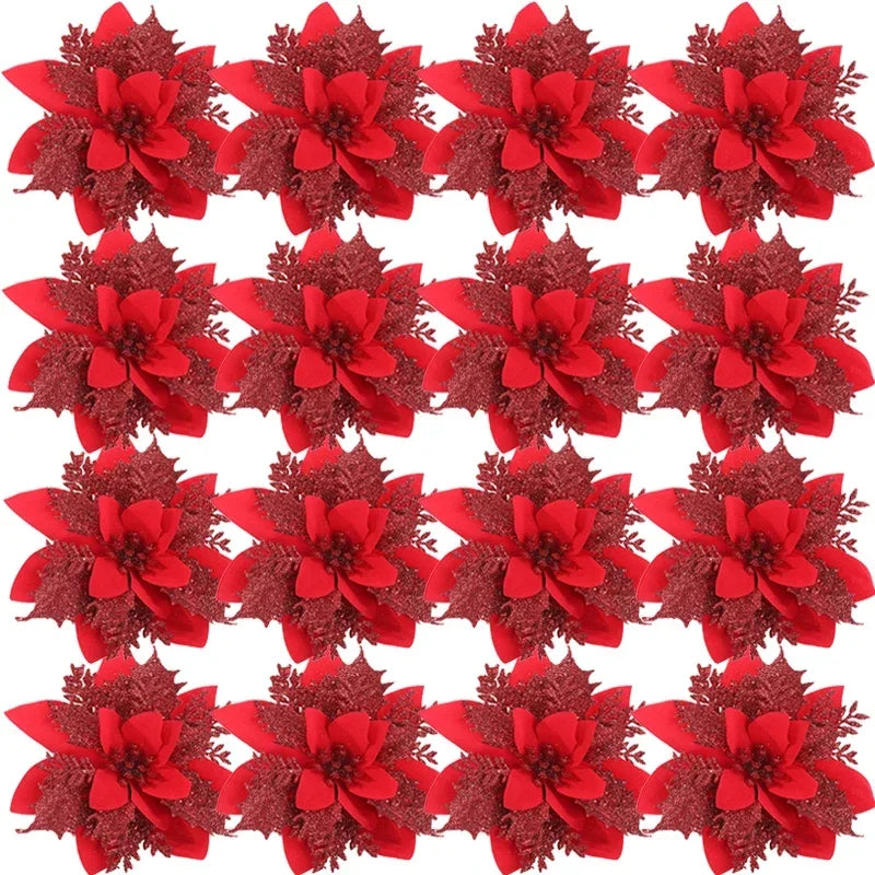Glitter Artificial Poinsettia Flowers — Festive Holiday Tree Ornaments
