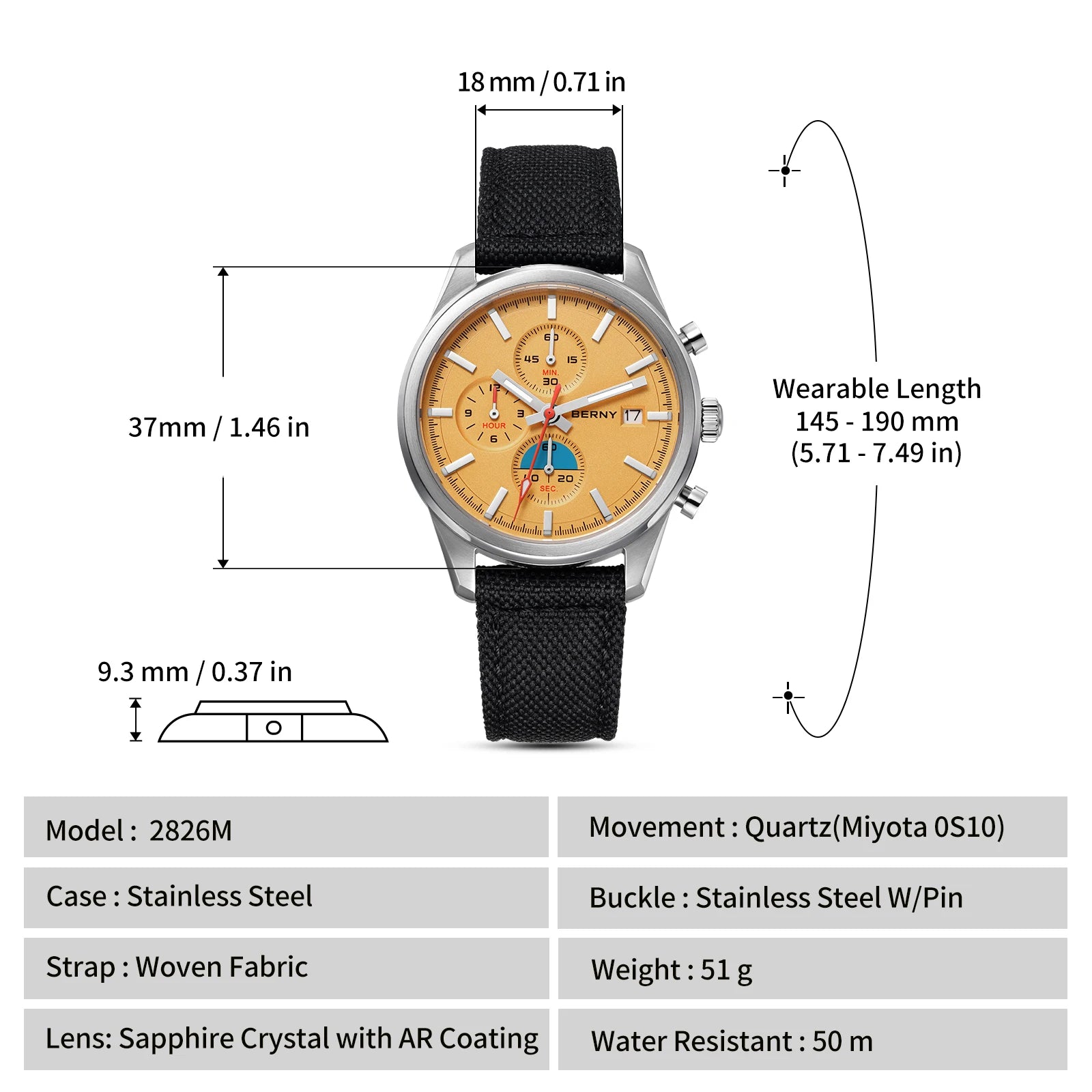 BERNY Chronograph Quartz Men's Watch — Luminous Sport Design with Sapphire Crystal