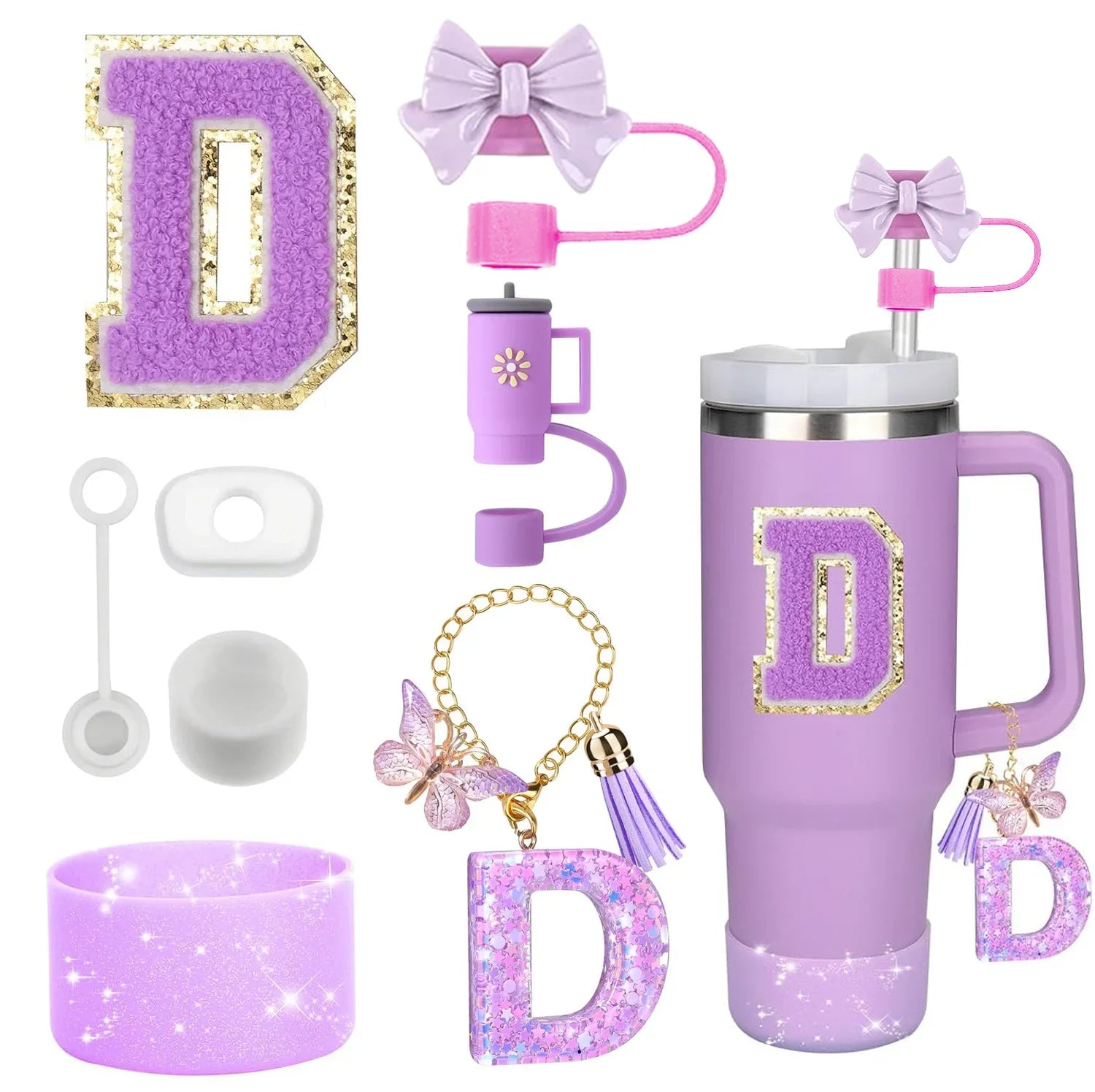 8-Piece Purple Tumbler Accessory Set — Silicone Straw Topper & Personalized Charms