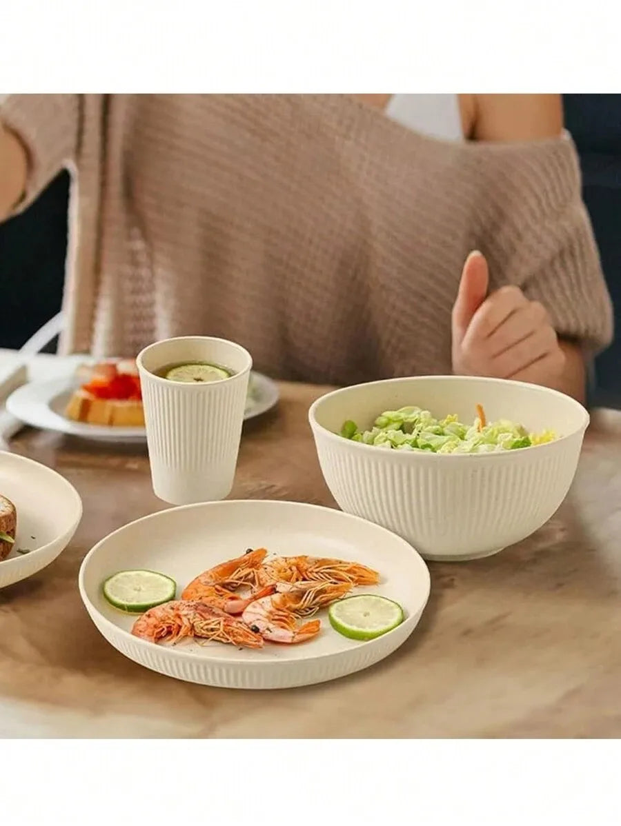 Reusable Plastic Dinnerware Set — Lightweight Plates, Bowls & Cups, Beige