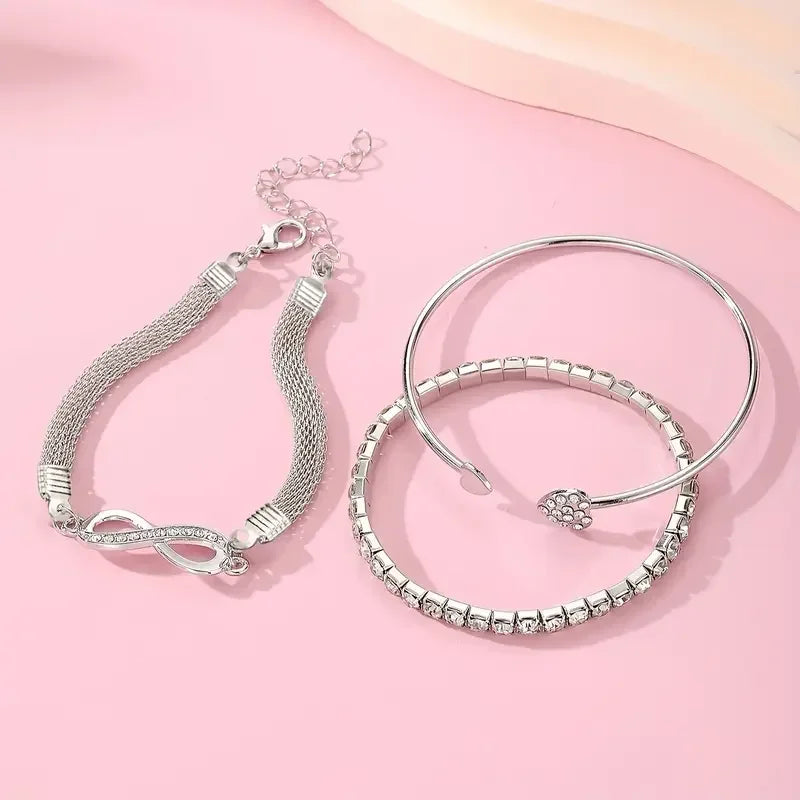 Vintage Crystal Rhinestone Heart Bracelet Set — Adjustable Geometric Bangle Jewelry