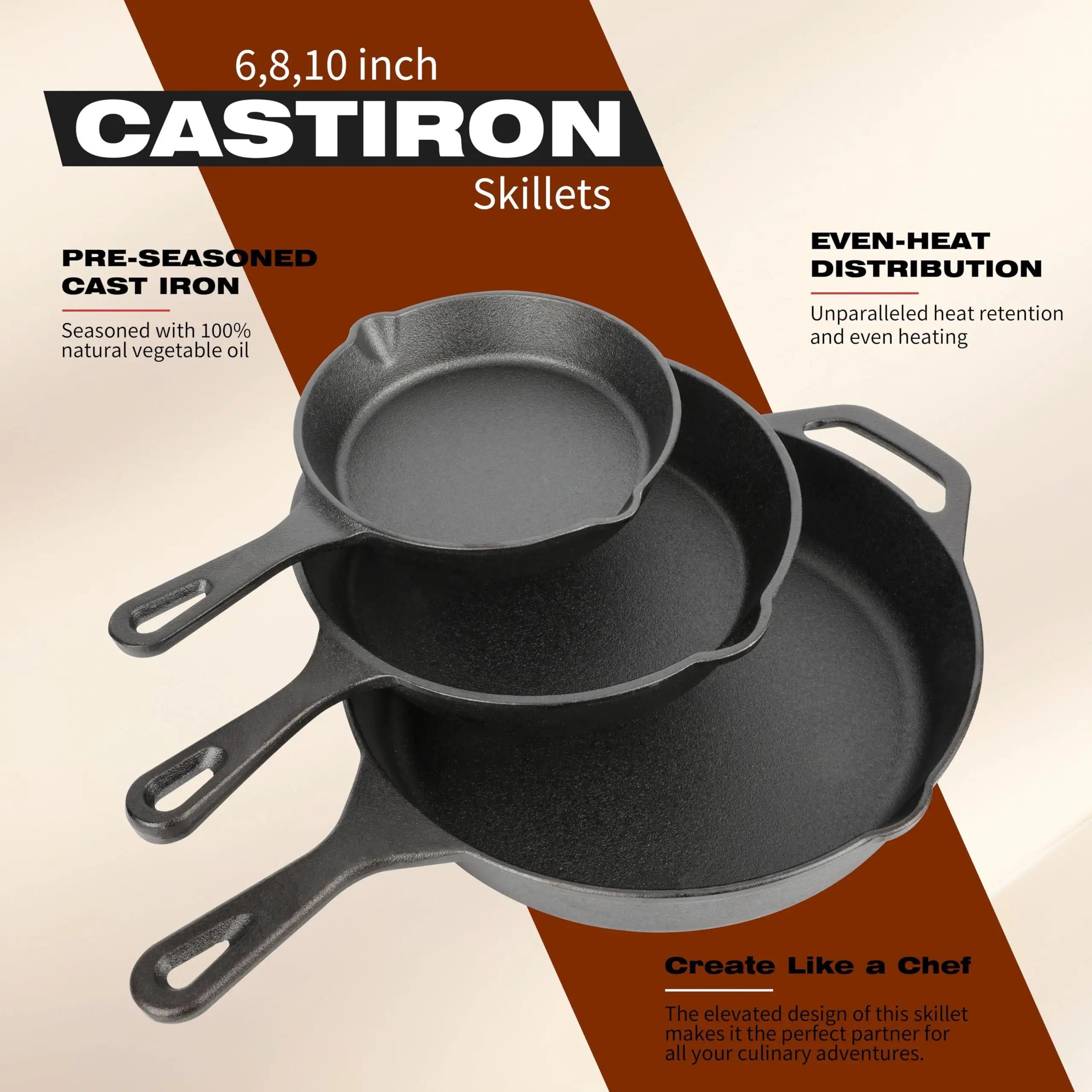 NOVELTY MOON Cast Iron Skillet Set — 3-Piece Pre-Seasoned Cookware