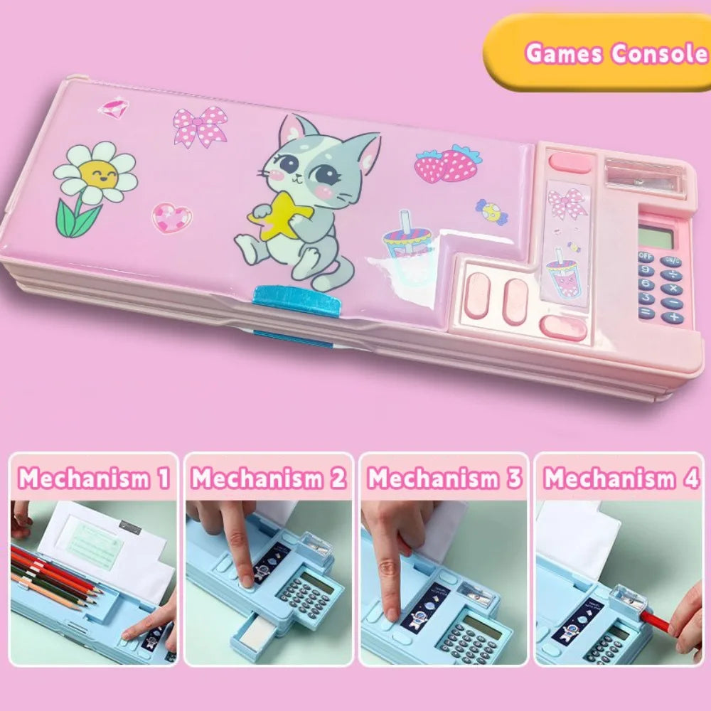 Multifunctional Plastic Pencil Case — Built-in Calculator and Sharpener