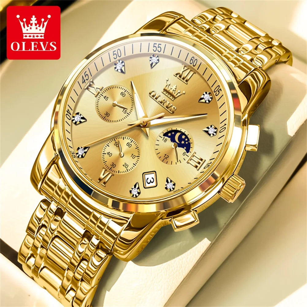 OLEVS 2858 Men's Luxury Watch — Stainless Steel Moon Phase Chronograph