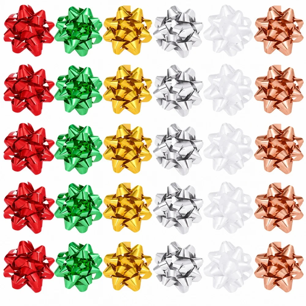 Metallic Star Flower Decorations — Festive Gift Wrapping Accents, 12 Pack