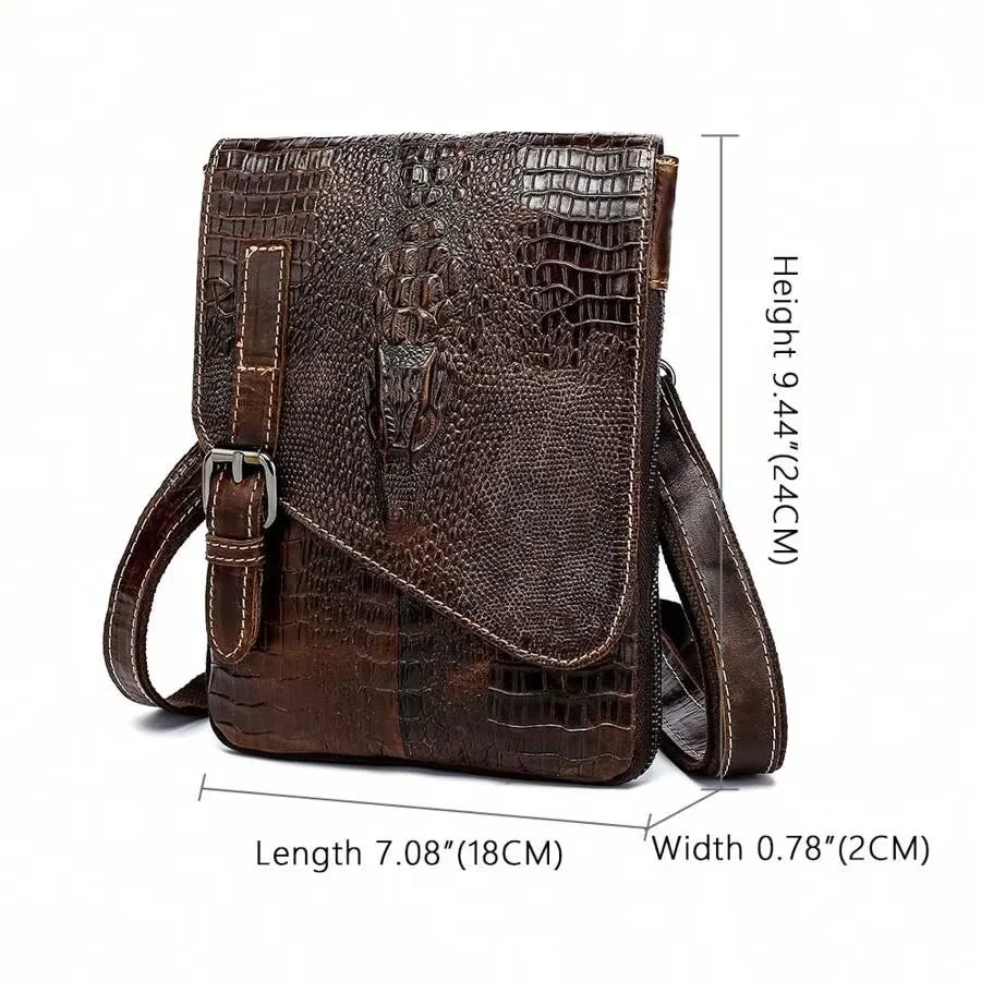 Men's Genuine Cowhide Shoulder Bag — Crocodile Embossed Crossbody Purse