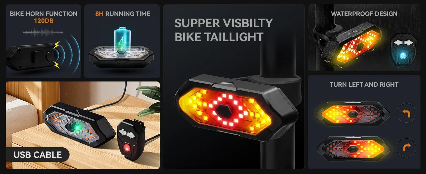 FZCSPEED USB Rechargeable Bike Light Set — Waterproof Tail Light with Turn Signals