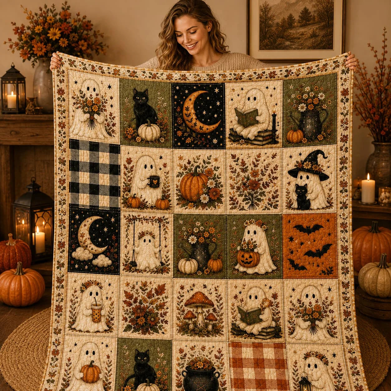 Halloween Ghost and Pumpkin Throw Blanket — Cozy Spooky Season Bedding