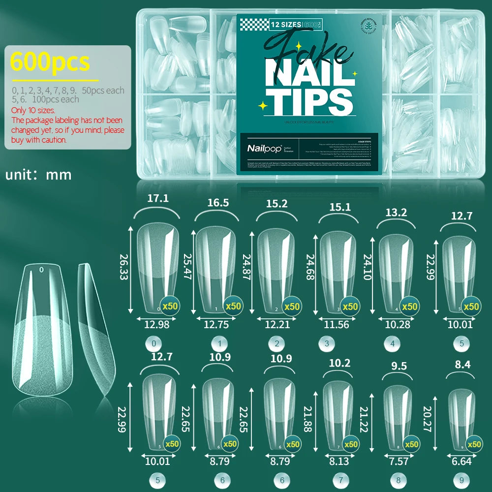 Nailpop Clear Acrylic False Nail Tips — Professional Full Cover Extensions