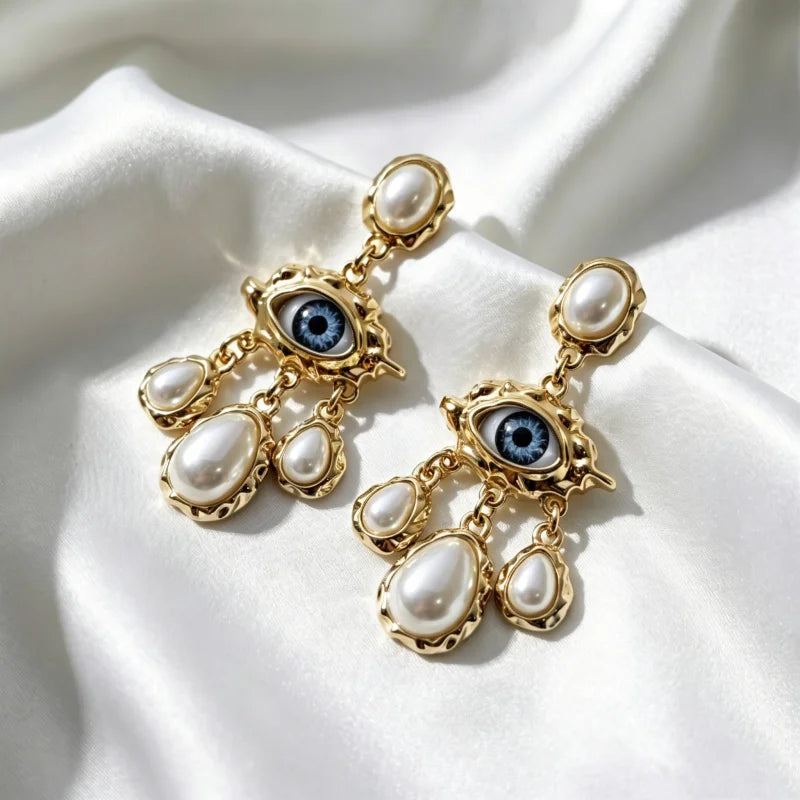 Obega Gothic Evil Eye Dangle Earrings — Ornate Pearl Tassel Jewelry