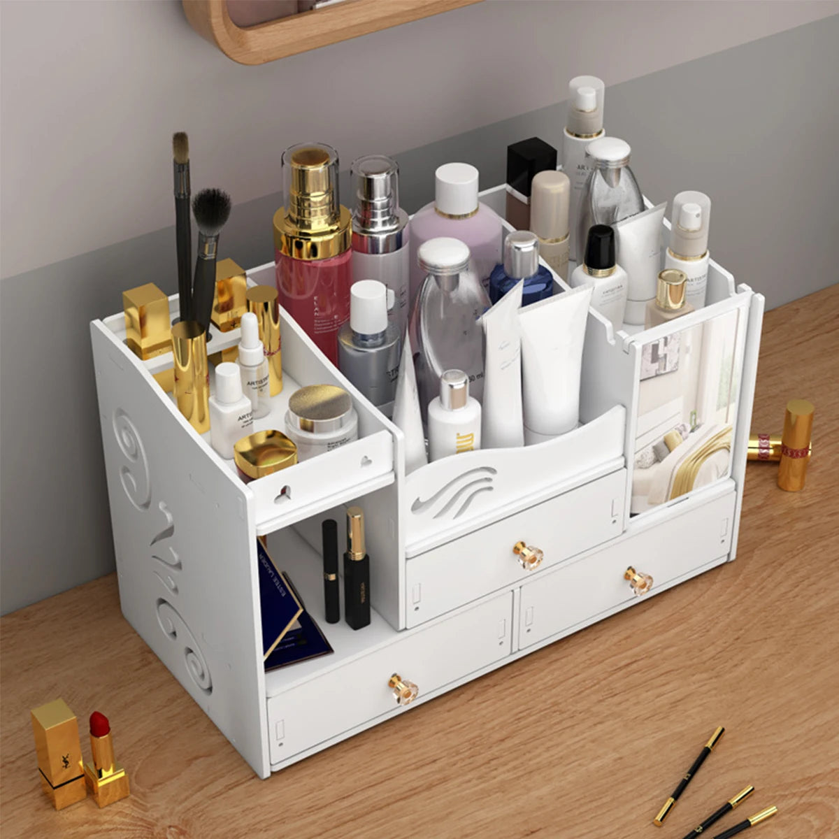 Desktop Makeup Organizer — Multi-Drawer Cosmetic Storage with Mirror