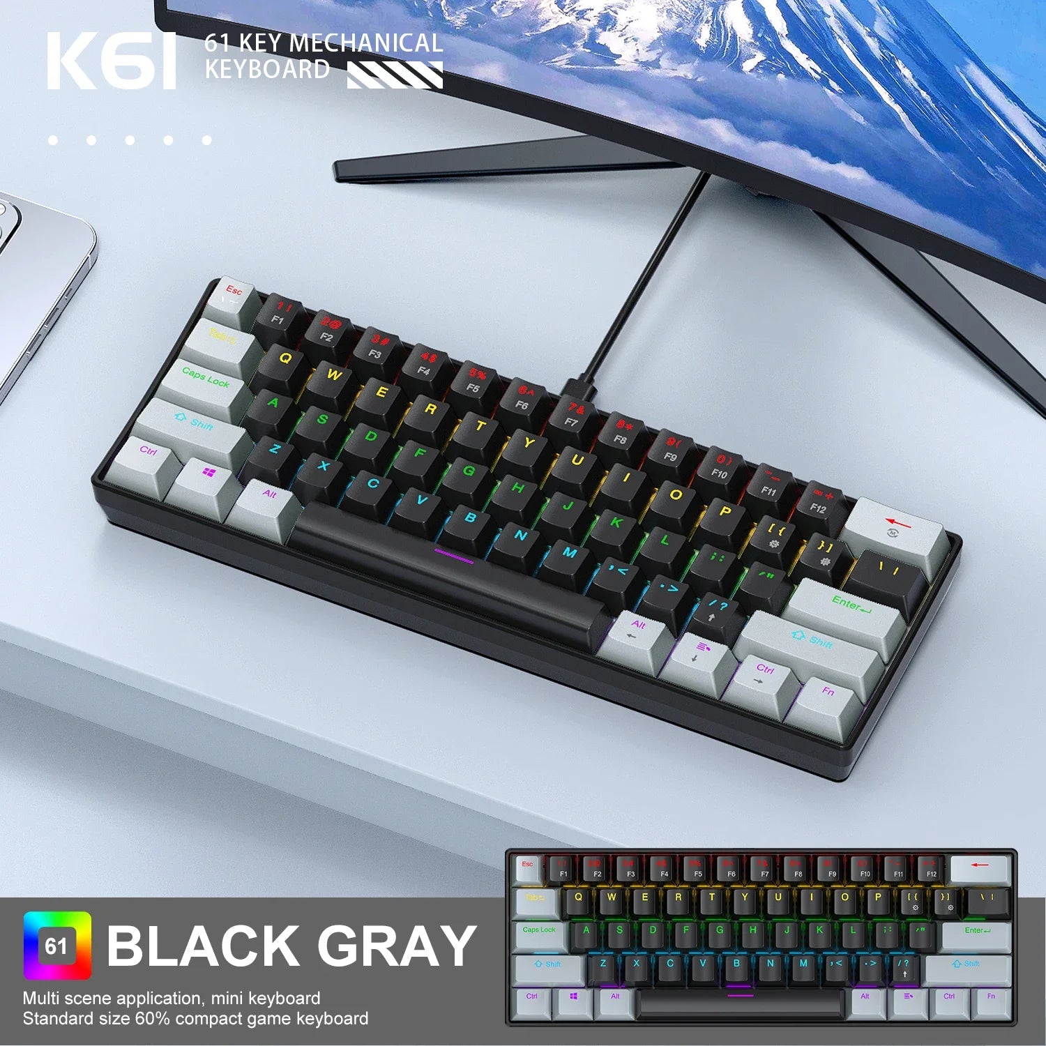 APAYADO K61 Compact Mechanical Keyboard — RGB Lighting & Wired USB-C Connection