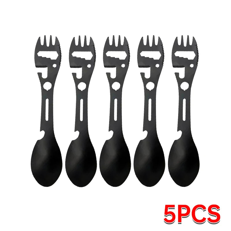 Stainless Steel Camping Utensils Set — 5-in-1 Outdoor Survival Cutlery