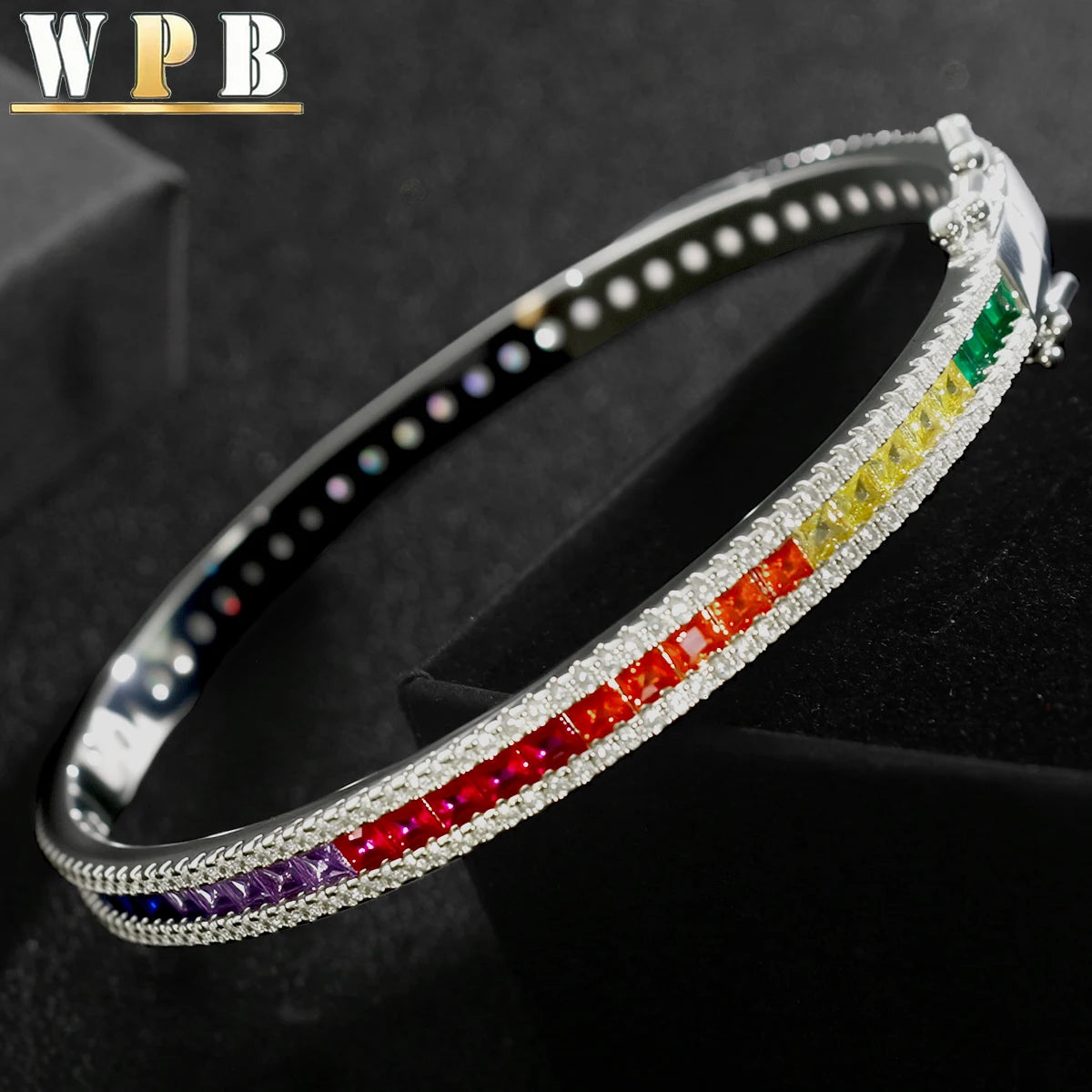 WPB Luxury Zircon Bangle — Colorful Rainbow Design Platinum-Plated Bracelet