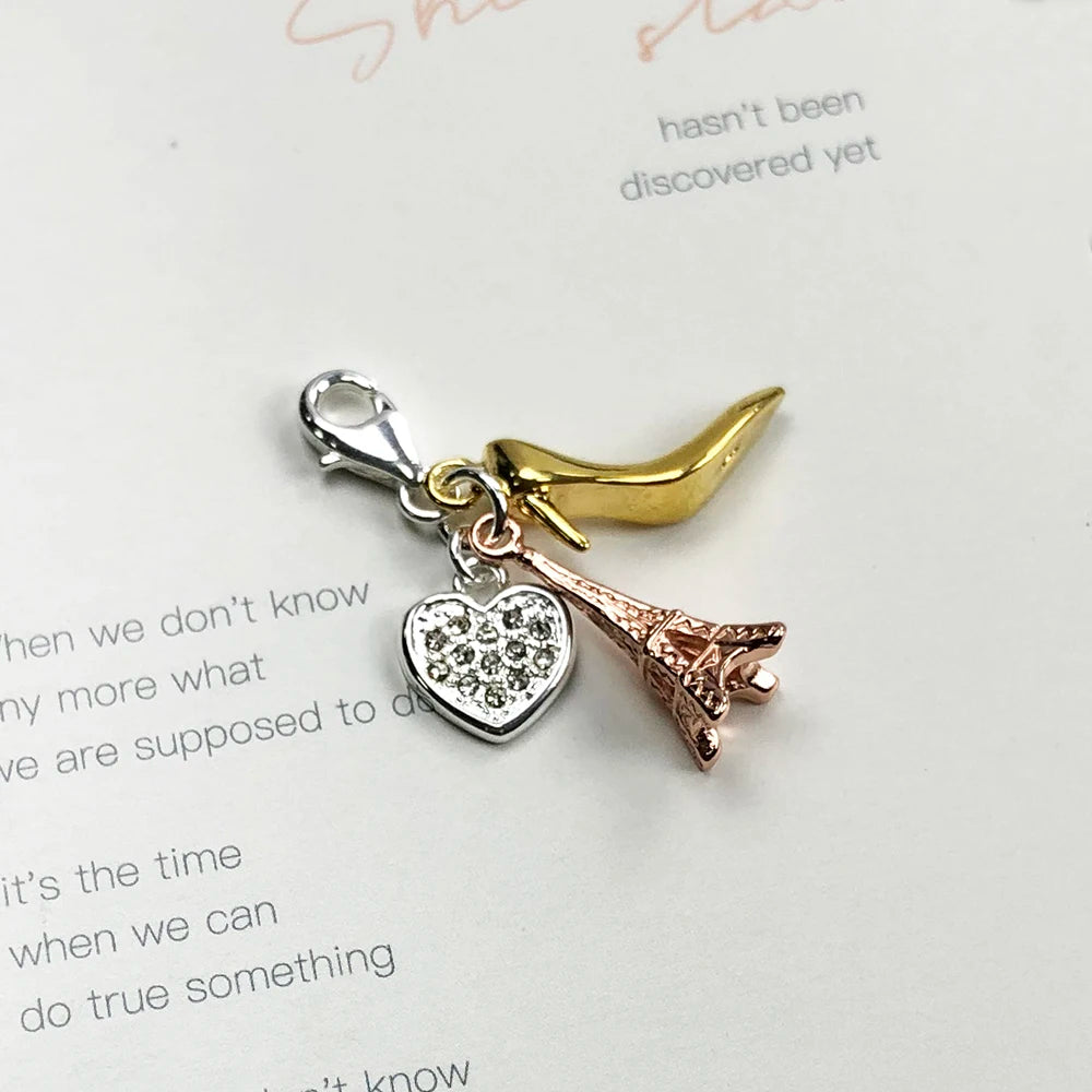 Thaddaeus Eiffel Tower & Heart Charm — 925 Sterling Silver Zircon Pendant