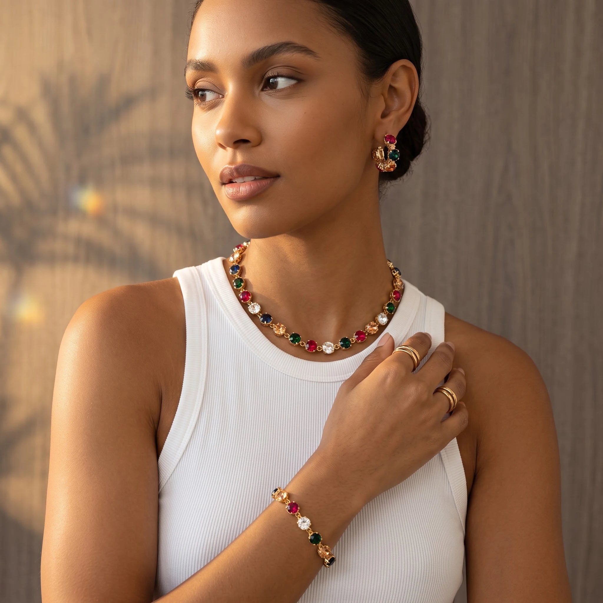 Obega Luxury Rhinestone Jewelry Set — Colorful Necklace, Bracelet & Earrings