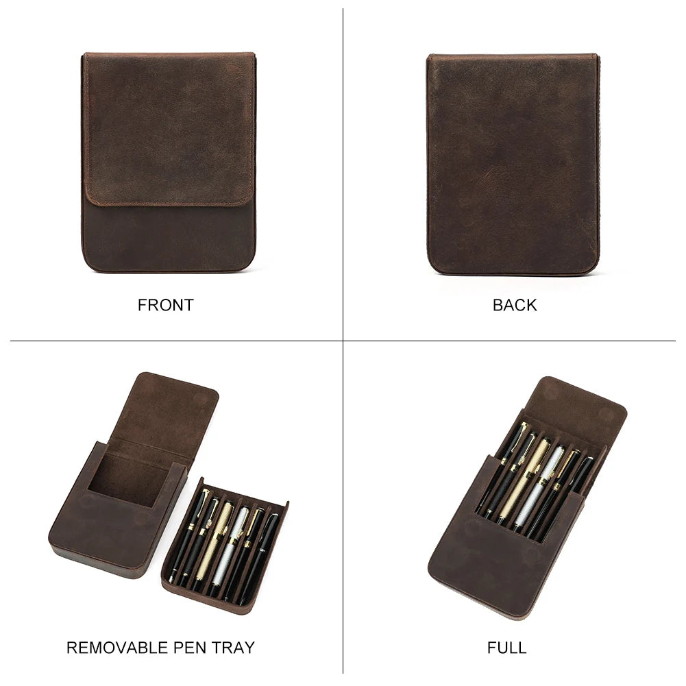 CONTACTS FAMILY Luxury Leather Pen Case — 6 Slot Organizer with Removable Tray