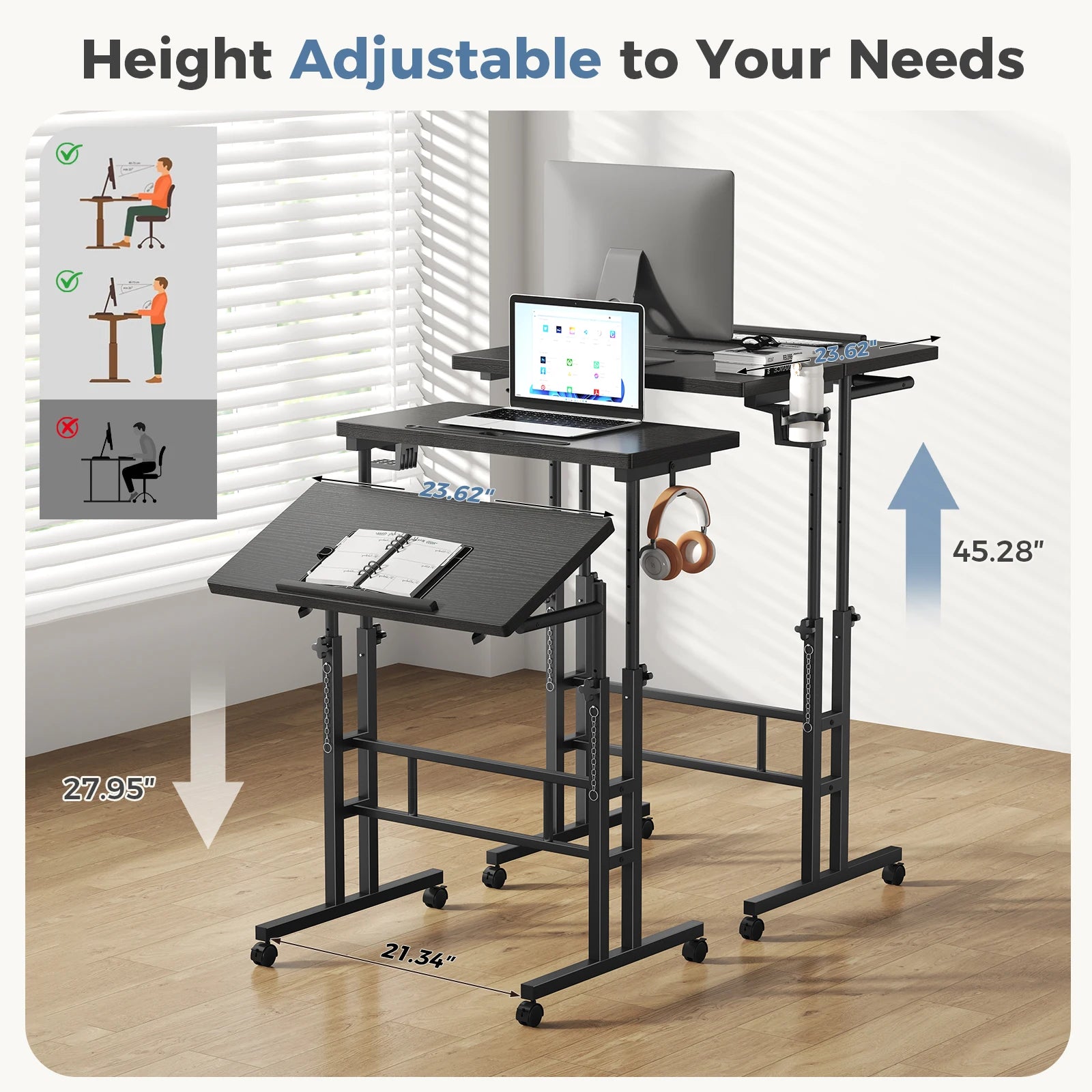 MCQ Rolling Standing Computer Desk — Ergonomic Height Adjustable Workstation