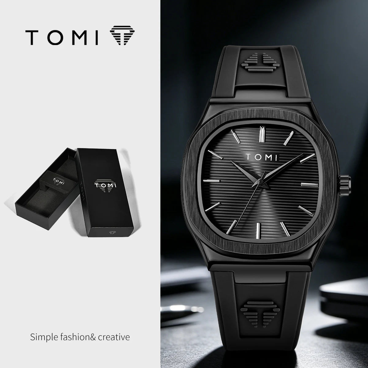 TOMI Men's Quartz Watch — Luxury Square Dial with Rubber Strap