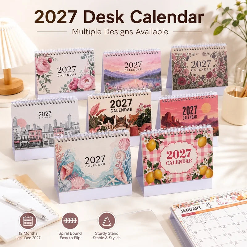 2027 Desk Planner Calendar — Spiral Bound Monthly Organizer, Floral Design