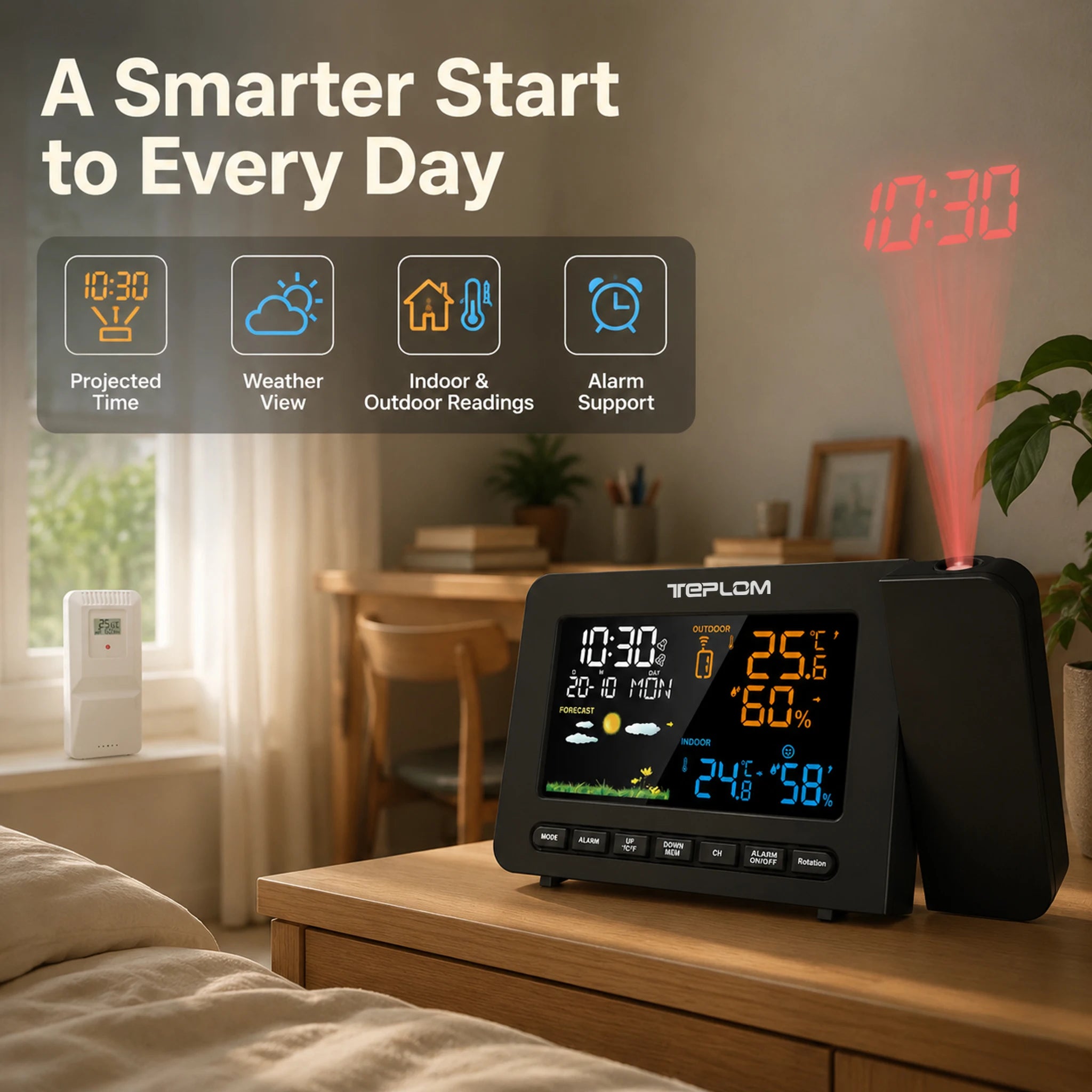 teplom Digital Weather Station — Projector Clock with Temperature & Humidity