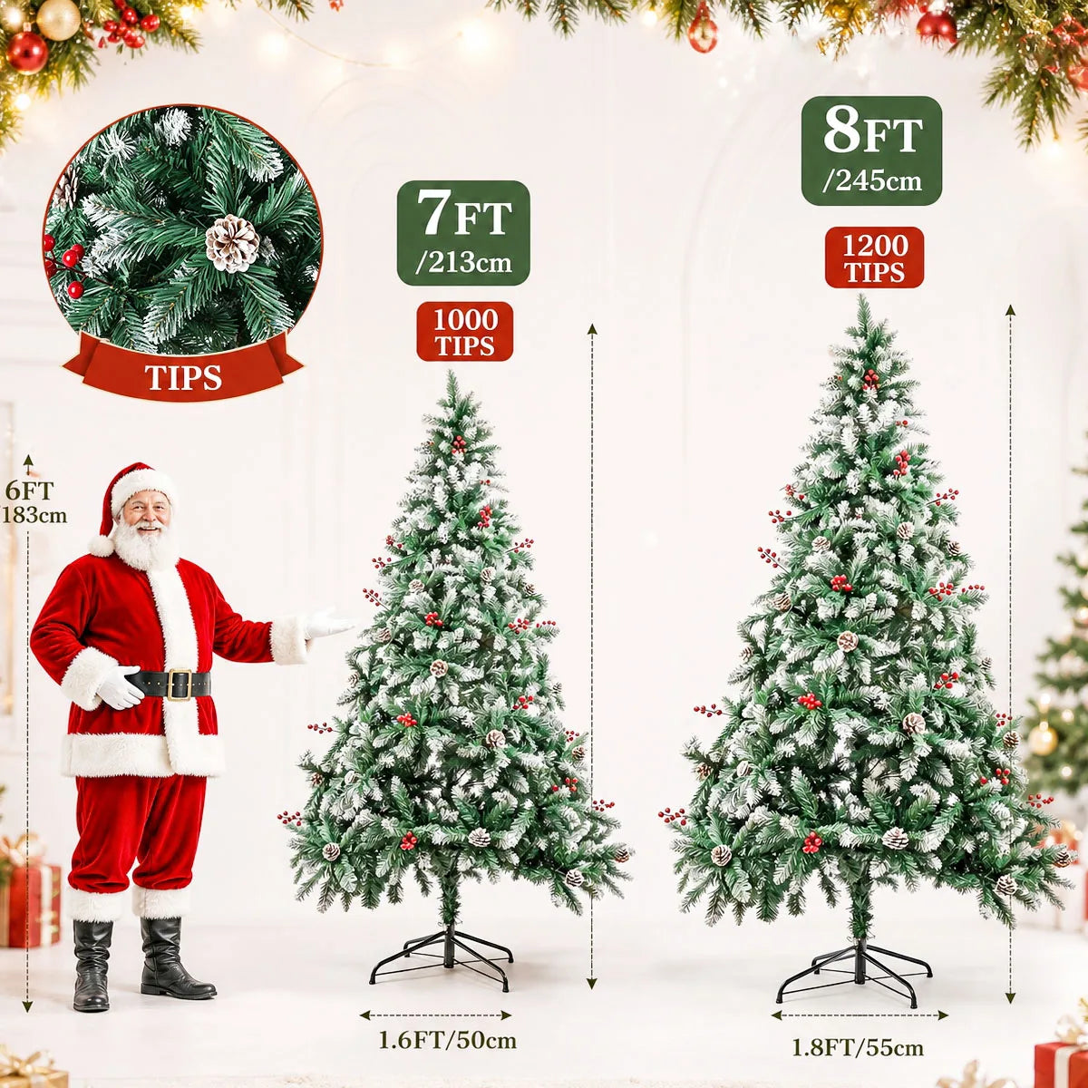 Snow Flocked Artificial Christmas Tree — Realistic Pine Cones & Red Berries