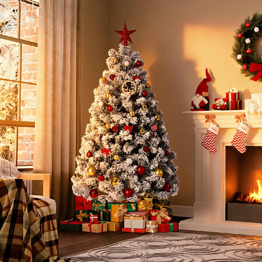 GAOMON 6FT Pre-Lit Snow Flocked Christmas Tree — Warm White LED Holiday Decor