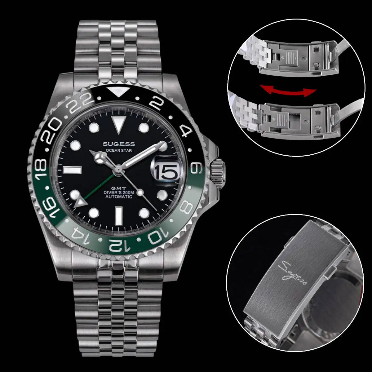 SUGESS GMT Diving Watch — Automatic Mechanical Peacock Movement