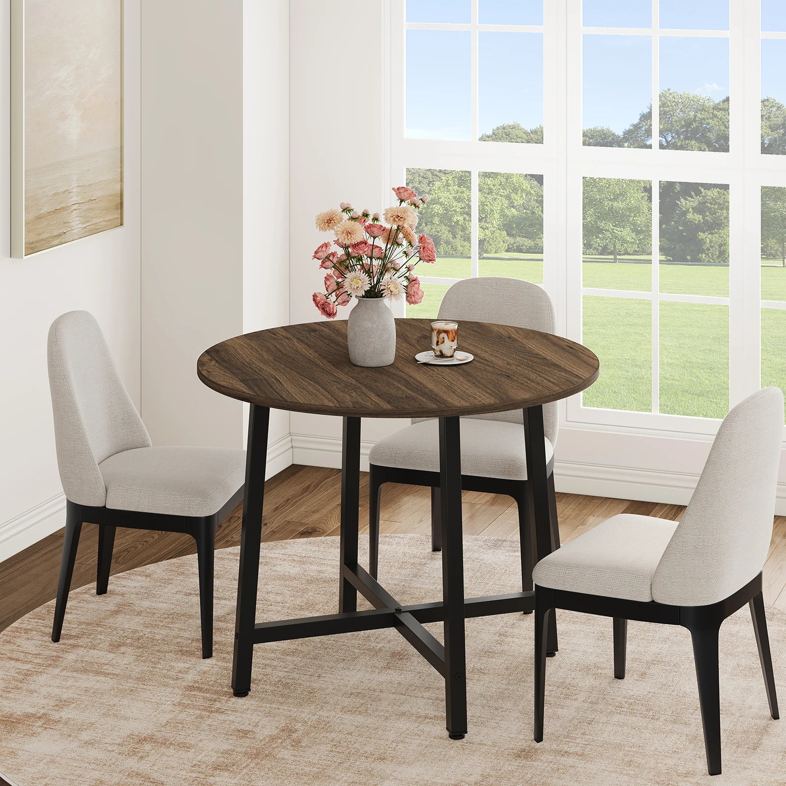 Round Dining Table — Industrial Farmhouse Wood Kitchen Table, Black Walnut Brown