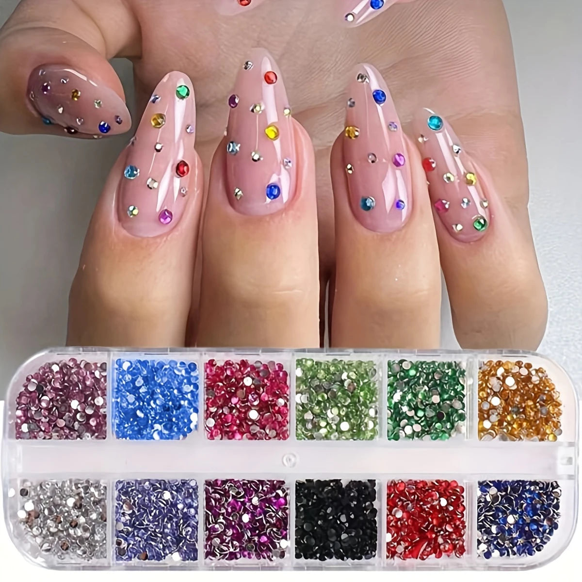 Crystal Rhinestone Nail Art Set — 12 Grid Shimmering Gemstones for Crafts