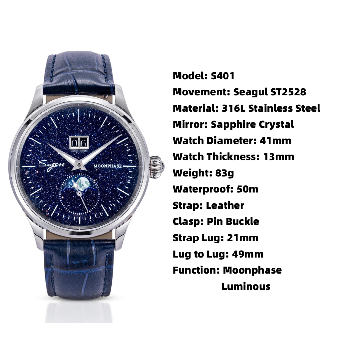 SUGESS Men's Moonphase Watch — Automatic Mechanical Blue Sandstone Dial