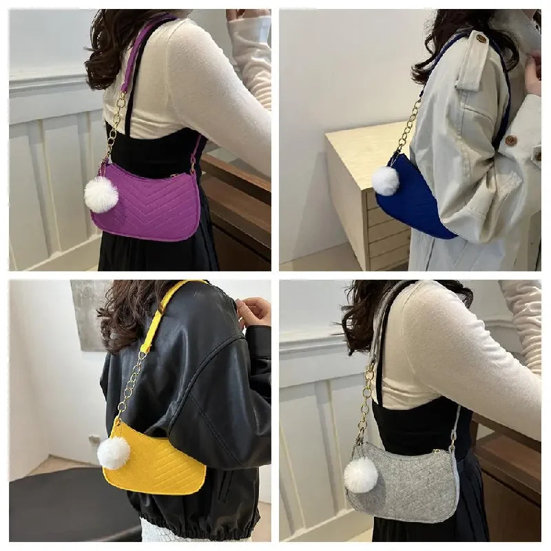 Felt Mini Shoulder Bag — Stylish Crescent Underarm Handbag