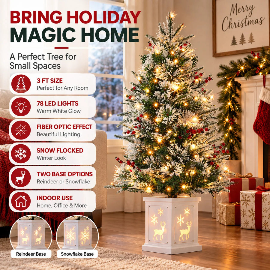ANIXOL 3FT Pre-Lit Snow Flocked Christmas Tree — Warm White LED Lights