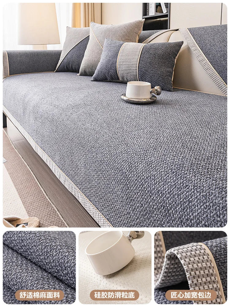 Woven Cotton and Linen Sofa Cover — Non-Slip All-Season Cushion Protector