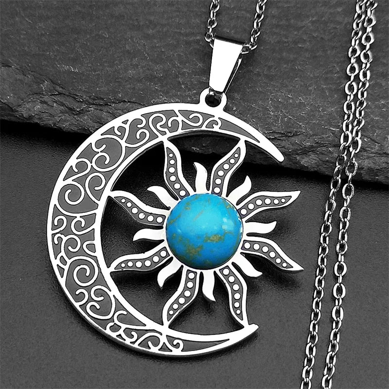 JYTF Moon and Sun Pendant Necklace — Vintage Stainless Steel Jewelry