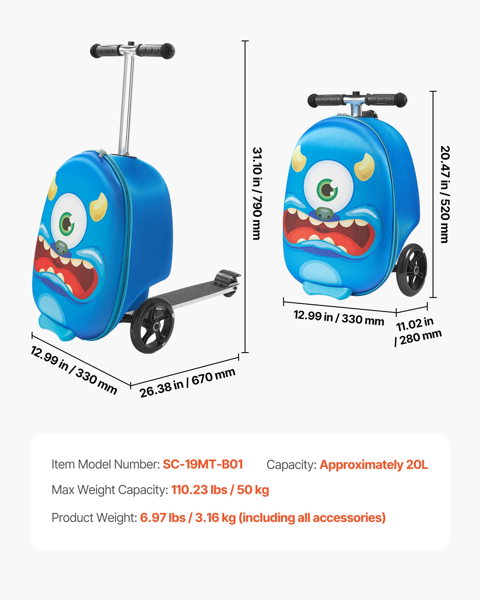 SucceBuy Kids Ride-On Luggage — 20L Scooter Suitcase with Flash Wheels