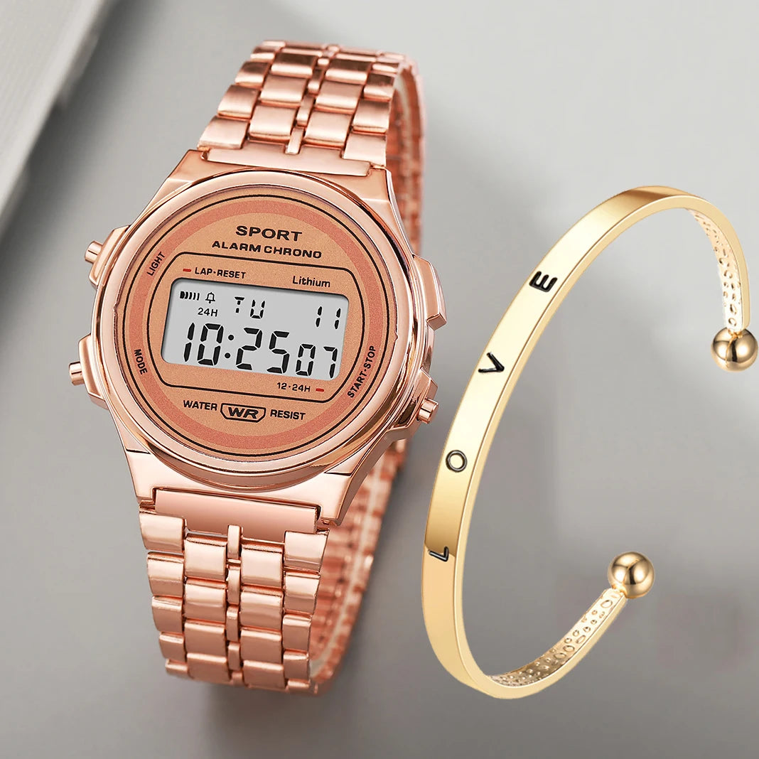 YIKAZE Women's LED Digital Watch — Retro Stainless Steel Luxury Wristwatch