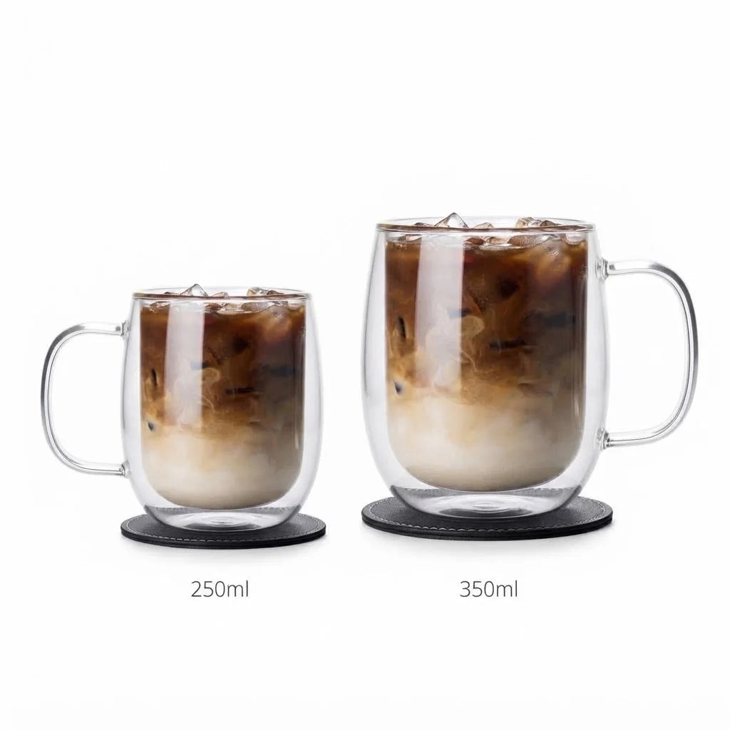 Double Wall Glass Coffee Mugs — Insulated Clear Drinkware with Handles