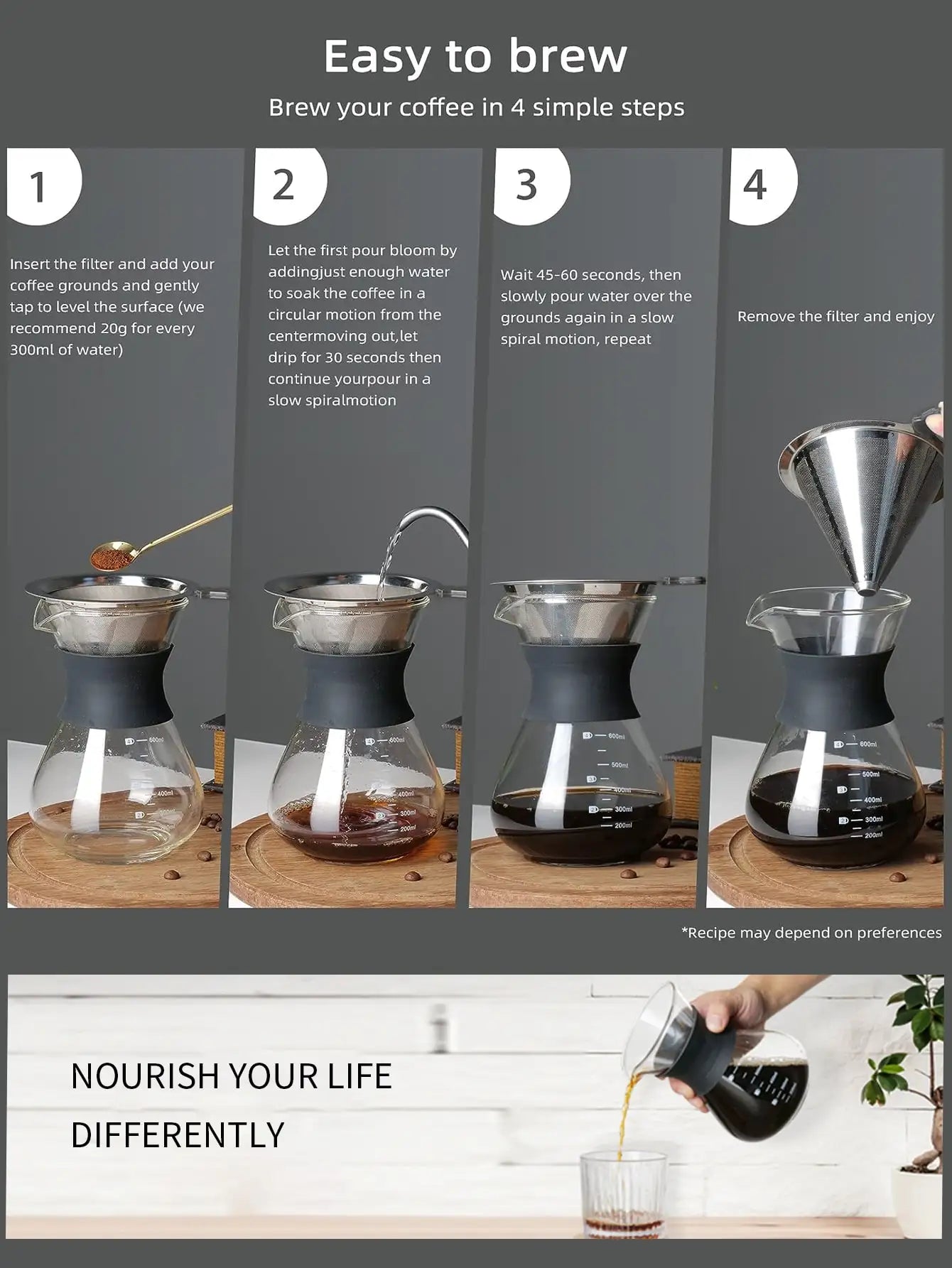 Leeseph Pour Over Coffee Brewer — Glass Dripper with Stainless Steel Filter