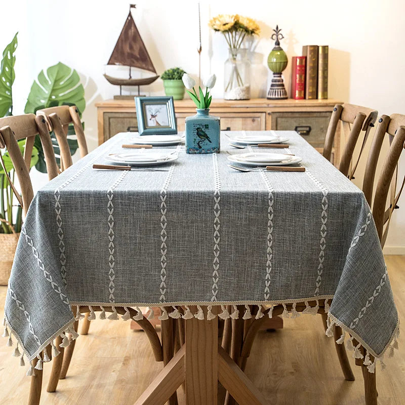 Cotton Linen Stripe Tassel Tablecloth — Stain Resistant Dining Decor